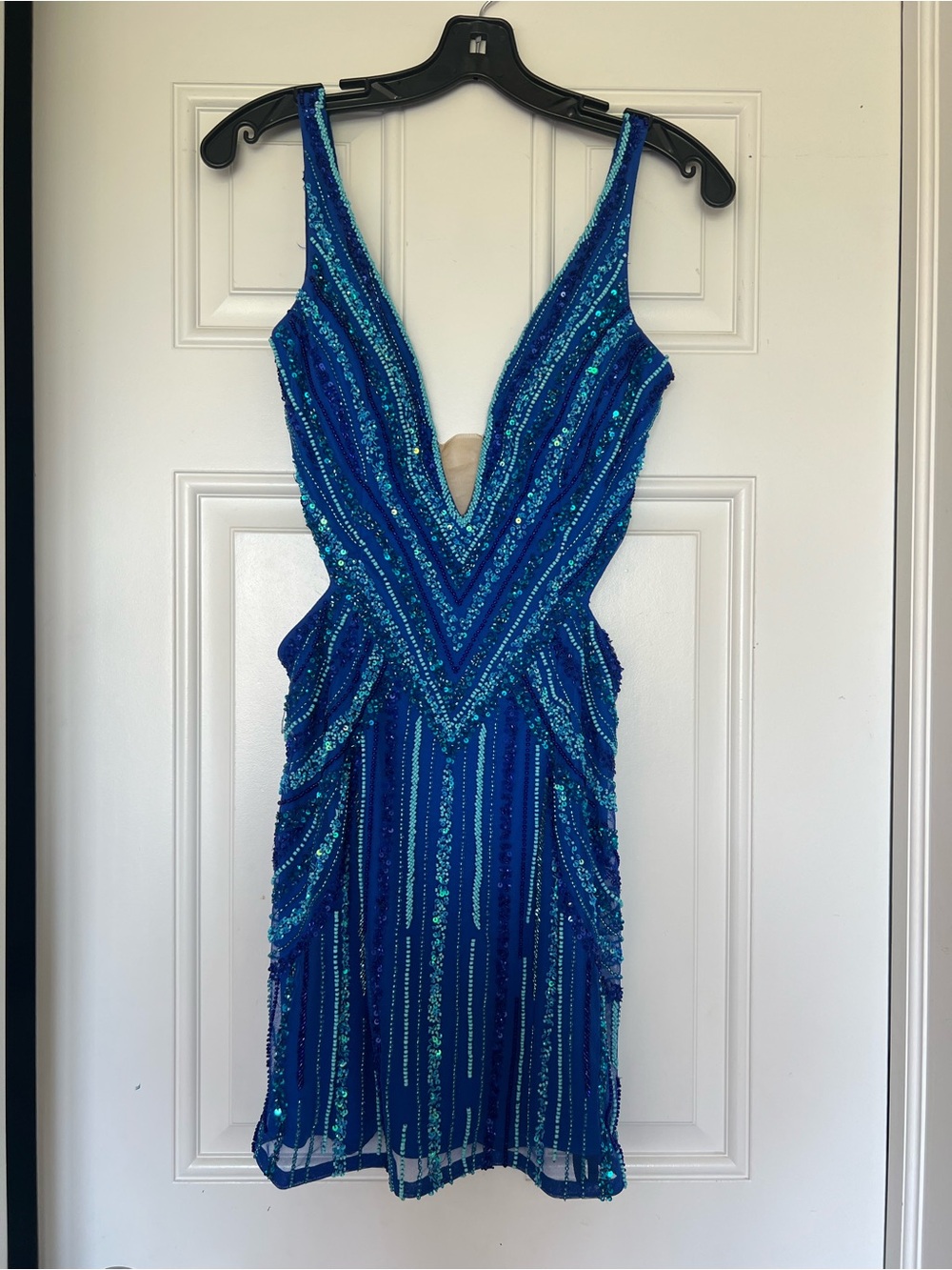 Alyce Paris Royal Blue, Light Blue, and Sea Blue Beaded V-Plunge Mini Dress
